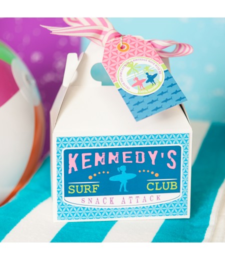 Surfer Girl Surfs Up Sharks Birthday Party Customized Box Label